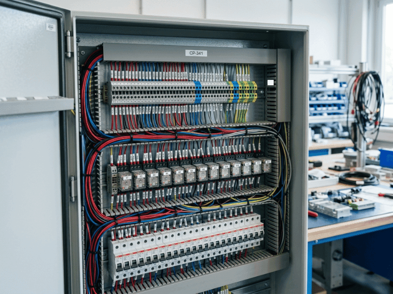 Industrial control panel with relays, terminal blocks, and circuit breakers on a DIN rail Industrial control panel with relays, terminal blocks, and circuit breakers on a DIN rail