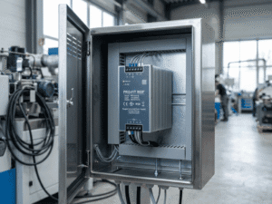Industrial fanless power supply in a sealed control enclosure for harsh environments