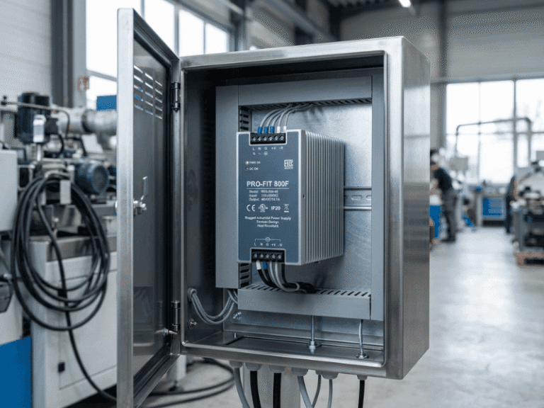 Industrial fanless power supply in a sealed control enclosure for harsh environments