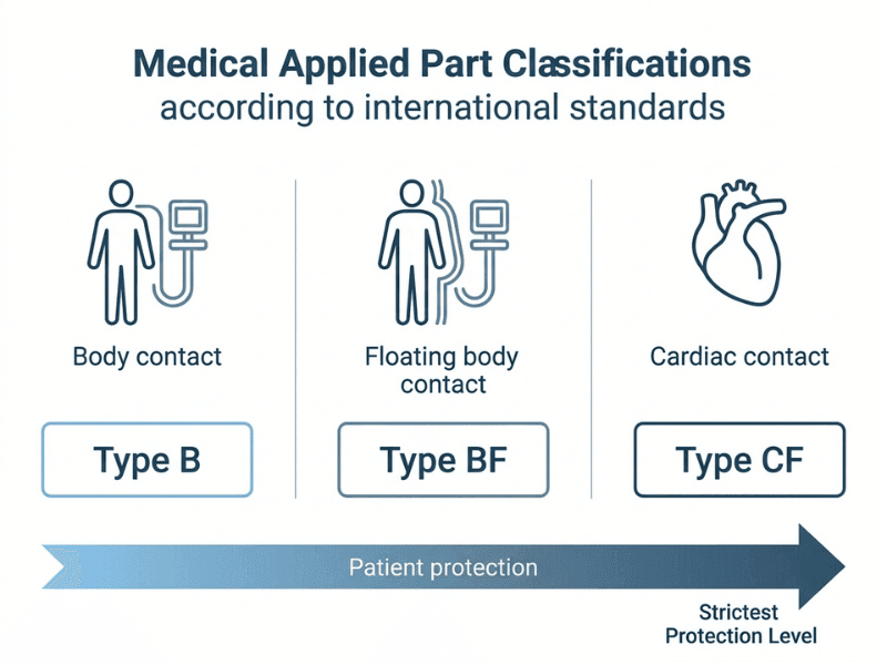Infographic comparing Type B, BF, and CF applied part classifications and their patient protection levels Infographic comparing Type B, BF, and CF applied part classifications and their patient protection levels