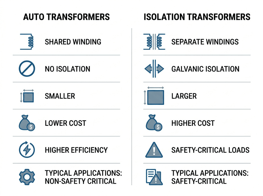 Infographic comparing auto transformers and isolation transformers by winding design, isolation, size, cost, and efficiency