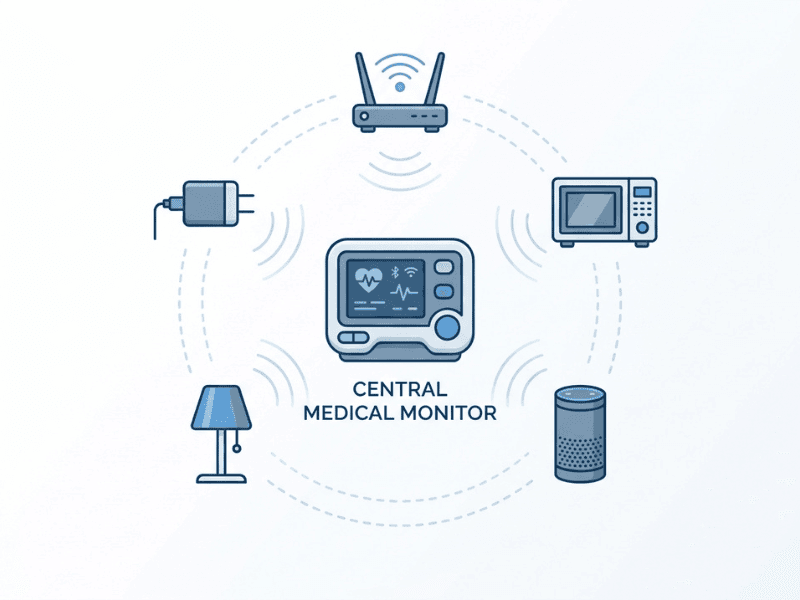 Infographic showing a home healthcare device operating among common household sources of electromagnetic interference. Infographic showing a home healthcare device operating among common household sources of electromagnetic interference.