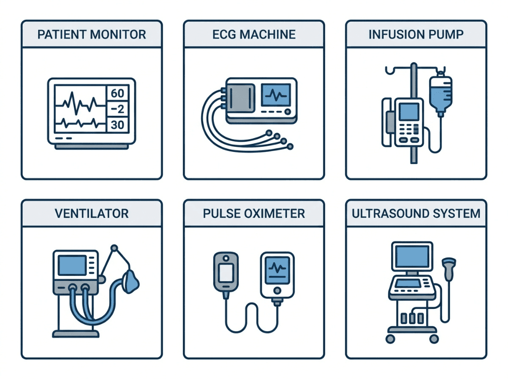 Infographic showing common medical electrical equipment covered by IEC 60601 Infographic showing common medical electrical equipment covered by IEC 60601
