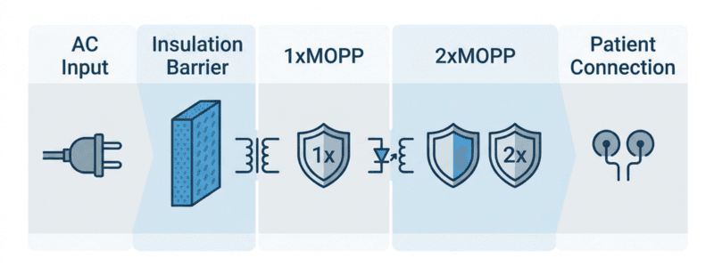 Infographic showing the difference between 1xMOPP and 2xMOPP isolation in a medical power supply path. Infographic showing the difference between 1xMOPP and 2xMOPP isolation in a medical power supply path.