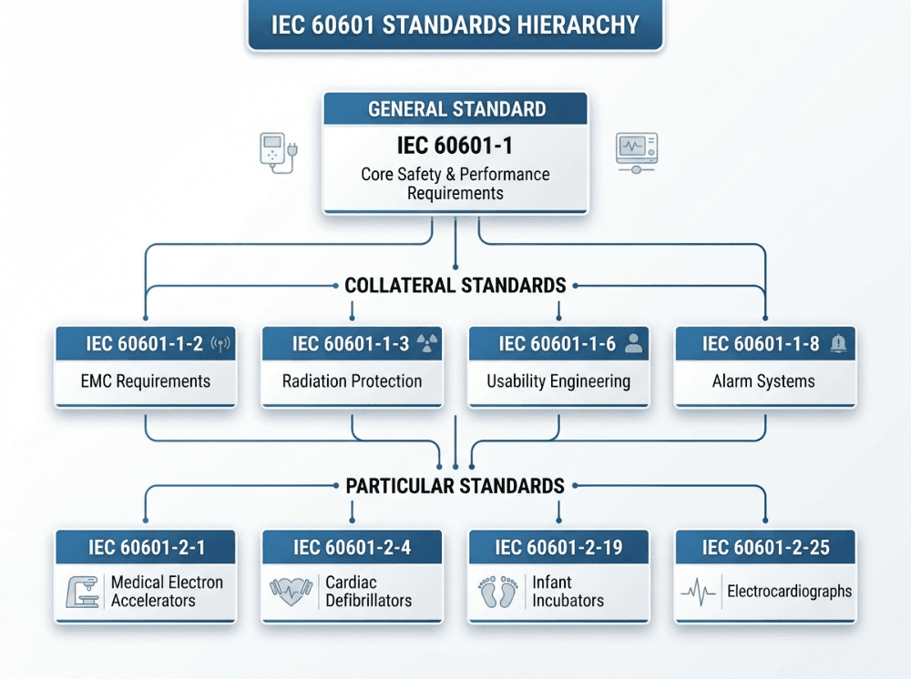 Layered infographic showing the structure of the IEC 60601 standard series Layered infographic showing the structure of the IEC 60601 standard series