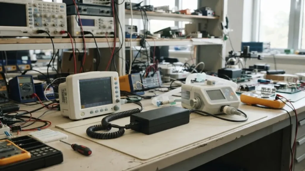 Medical power adapter connected to healthcare equipment in a medical device development environment