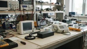 Medical power adapter connected to healthcare equipment in a medical device development environment