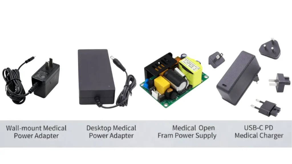 Medical power supply solutions including wall mount adapter, desktop adapter, open frame power supply, and USB C PD charger