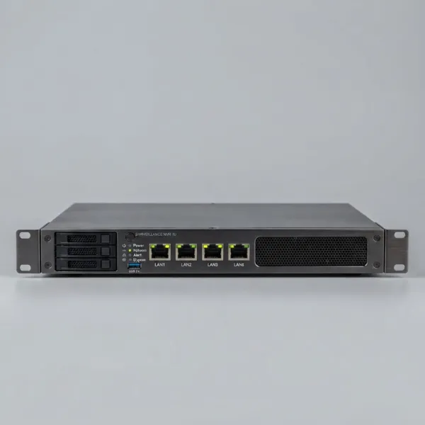Multi channel 1U NVR surveillance server with UES150 SPA4 OP high density 12V internal switching power supply.