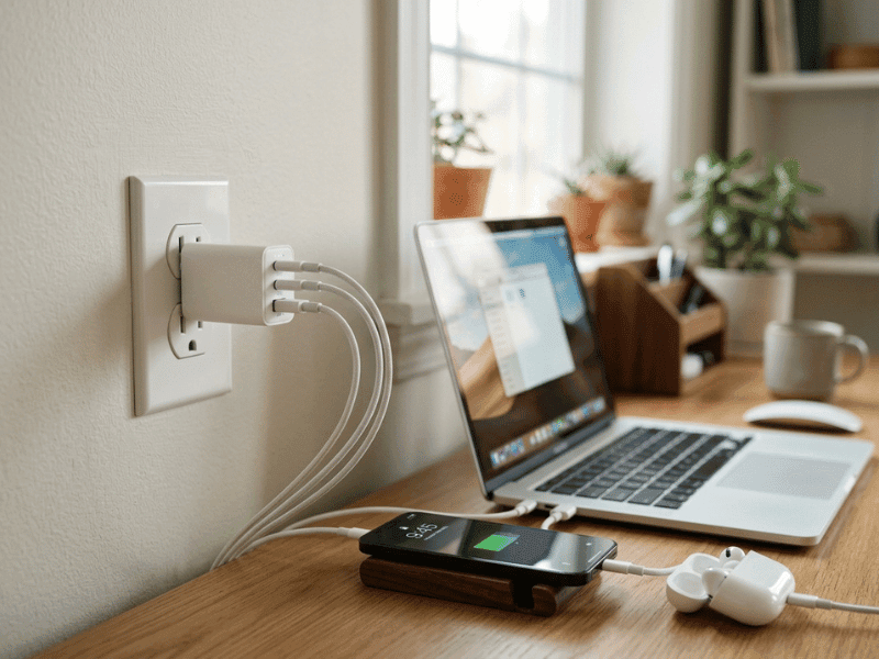 Multi port GaN charger powering a laptop, phone, and earbuds at once