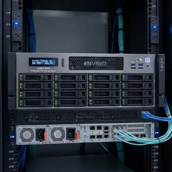 NVR storage server and surveillance hub powered by 410.4W high density industrial power supply.