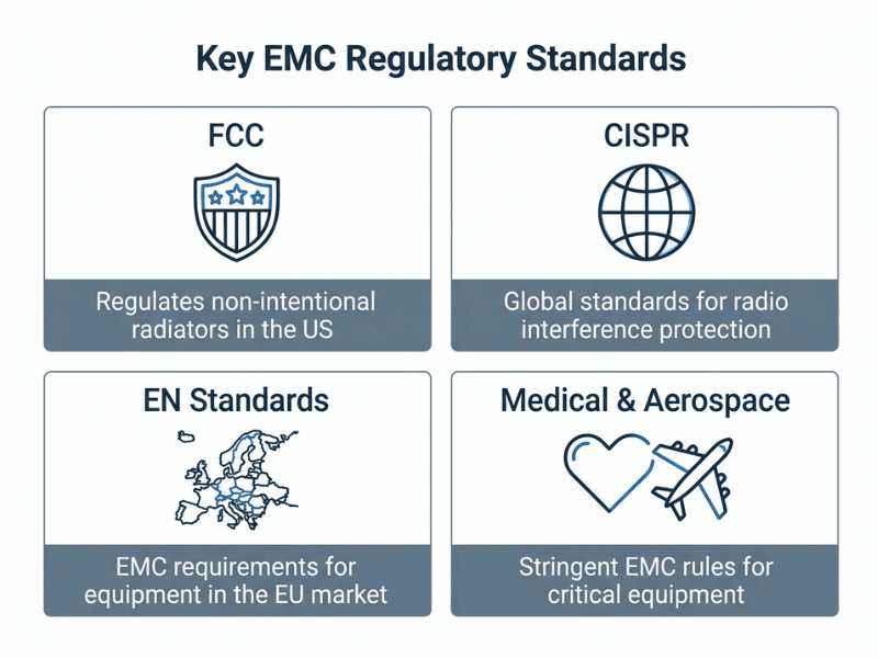 Overview of EMC regulatory standards including FCC, CISPR, EN, and stricter medical and aerospace requirements Overview of EMC regulatory standards including FCC, CISPR, EN, and stricter medical and aerospace requirements