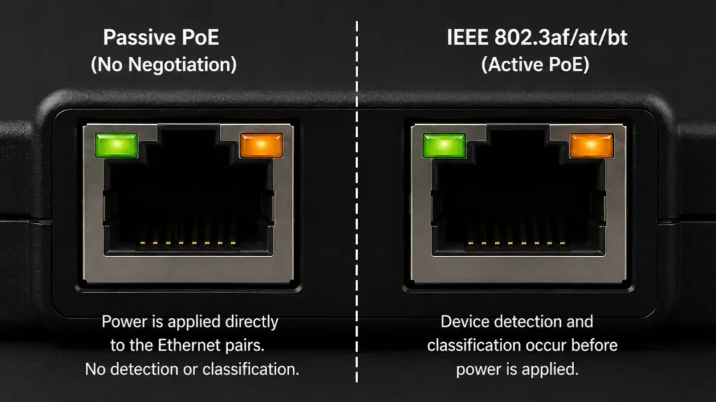 Passive PoE vs Active PoE comparison showing power delivery and device detection Passive PoE vs Active PoE comparison showing power delivery and device detection