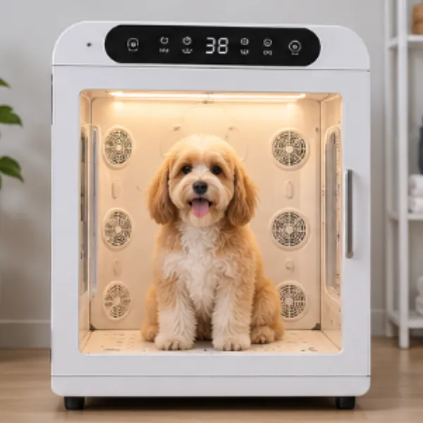 Pet grooming drying cabinet with integrated warm air circulation for drying pets.