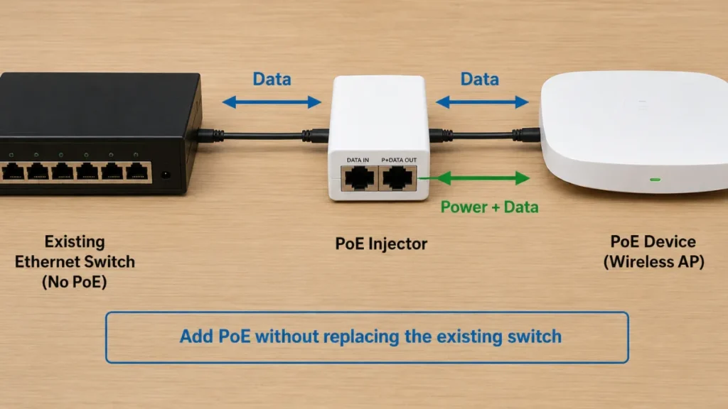 PoE injector adding power to an existing non PoE Ethernet switch connection PoE injector adding power to an existing non PoE Ethernet switch connection
