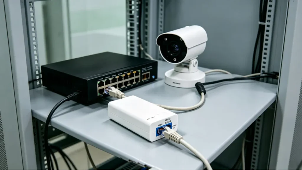 PoE injector connecting an Ethernet switch to a security camera for power and data transmission