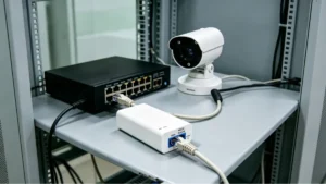 PoE injector connecting an Ethernet switch to a security camera for power and data transmission