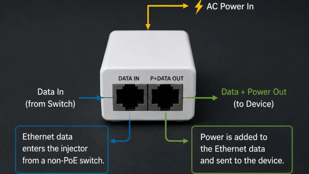 PoE injector showing data input, AC power input, and power and data output PoE injector showing data input, AC power input, and power and data output