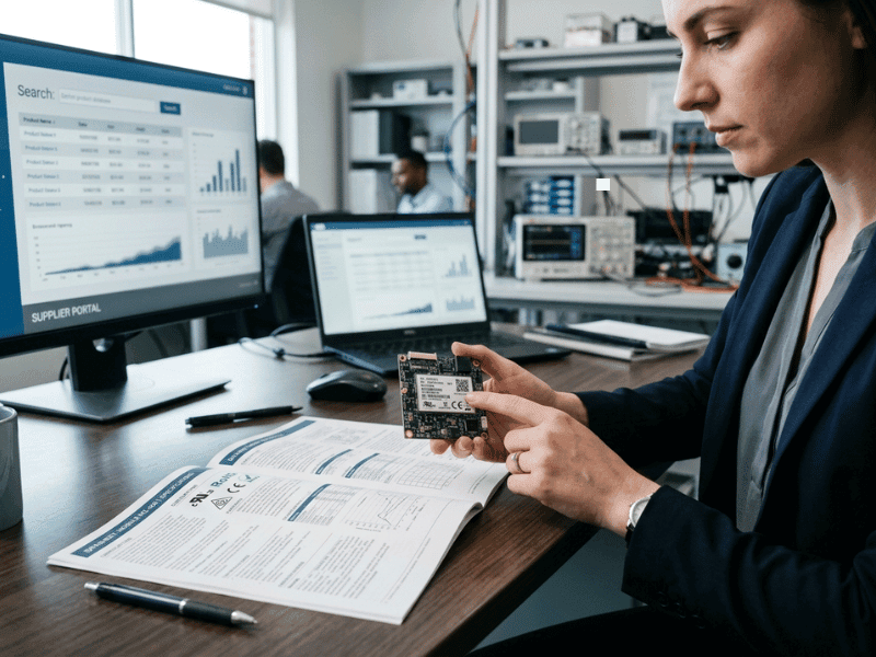 Procurement specialist verifying a UL file number in a certification database Procurement specialist verifying a UL file number in a certification database