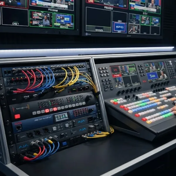 Professional video switcher hardware with high efficiency 54V DC internal switching power supply.