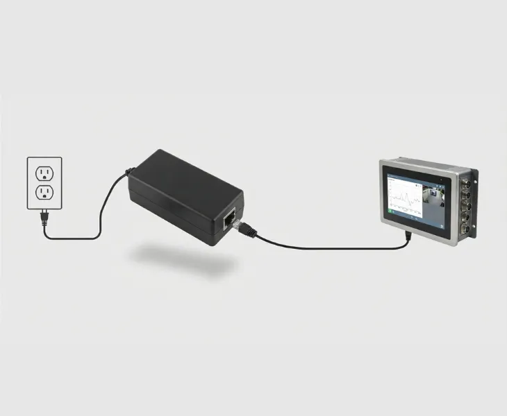 Quankang industrial PoE adapter solution Integrating 54V 100W PoE power for industrial HMI touchscreen monitoring systems.