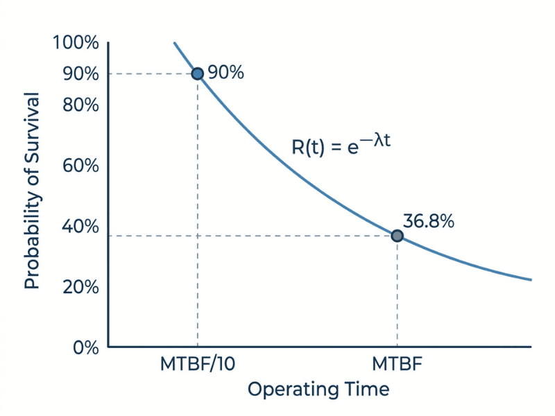 Reliability curve showing only 36.8% of units survive to reach their full MTBF figure, with 90% surviving to one tenth of the MTBF. Reliability curve showing only 36.8% of units survive to reach their full MTBF figure, with 90% surviving to one tenth of the MTBF.