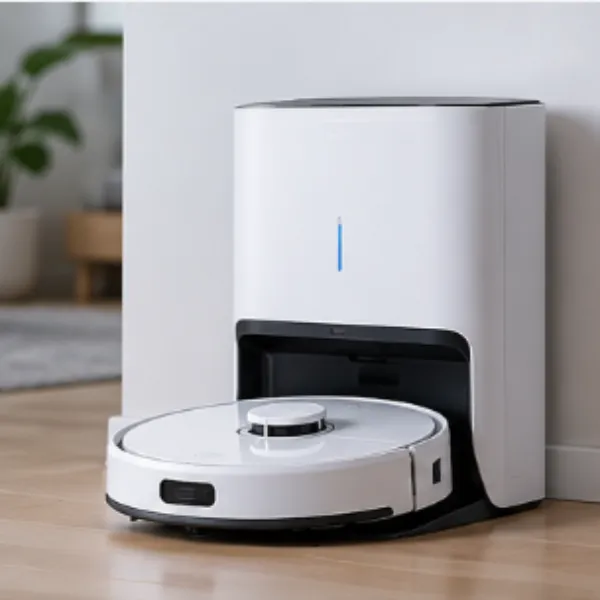 Robotic vacuum cleaner with an automated charging and cleaning base station.