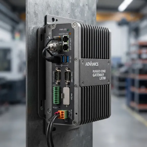 Rugged edge computing hub featuring UES150 SPA4 OP industrial power supply with 6KV surge immunity.
