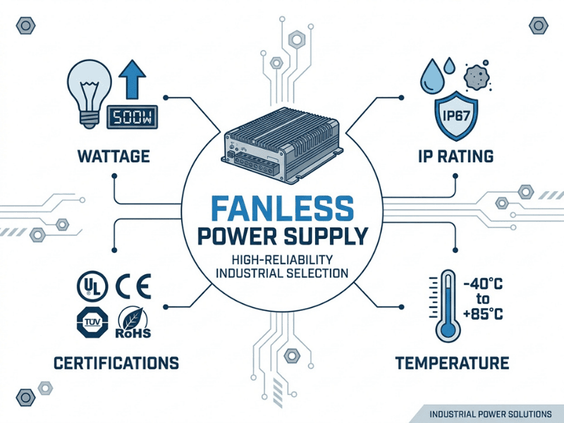 Selection guide graphic for fanless power supply wattage, IP rating, temperature, and certifications Selection guide graphic for fanless power supply wattage, IP rating, temperature, and certifications