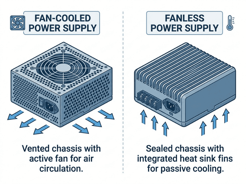 Side by side comparison of fan cooled and fanless power supply designs Side by side comparison of fan cooled and fanless power supply designs