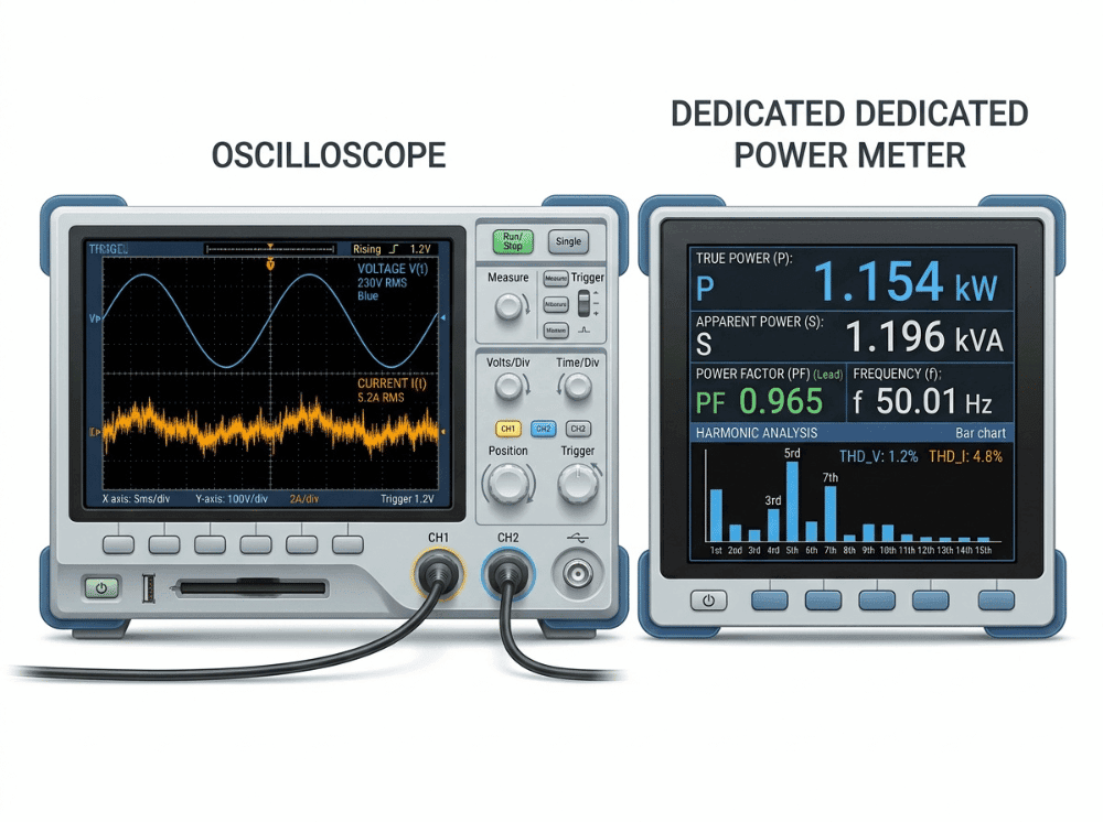 Side by side comparison of oscilloscope waveform viewing and true power meter measurement for AC DC power supply testing Side by side comparison of oscilloscope waveform viewing and true power meter measurement for AC DC power supply testing
