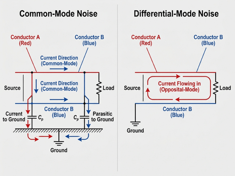 Side by side diagram comparing common mode noise and differential mode noise in power line circuits