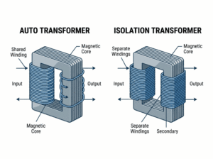Side by side diagram of an auto transformer with a shared winding and an isolation transformer with separate windings
