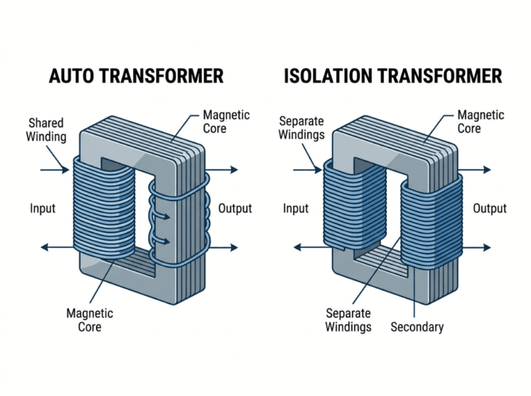 Side by side diagram of an auto transformer with a shared winding and an isolation transformer with separate windings