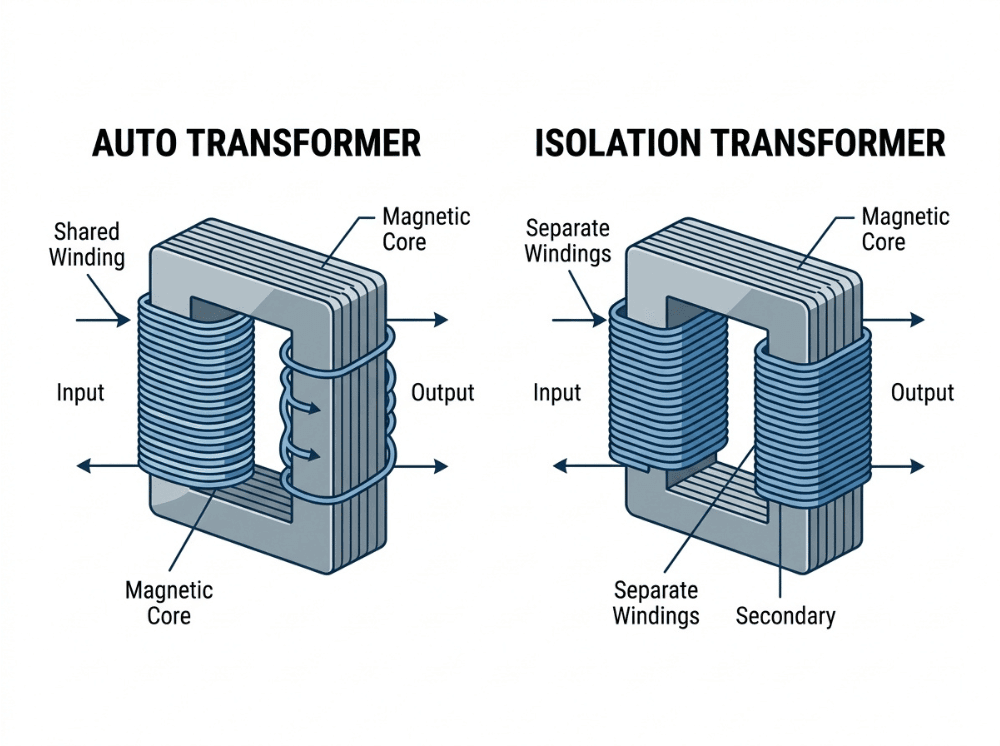 Side by side diagram of an auto transformer with a shared winding and an isolation transformer with separate windings