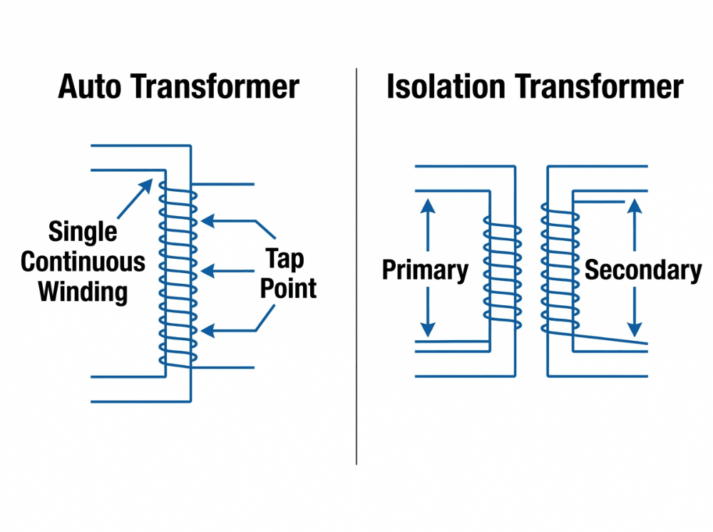 Simplified diagram showing the single winding of an auto transformer and the separate windings of an isolation transformer