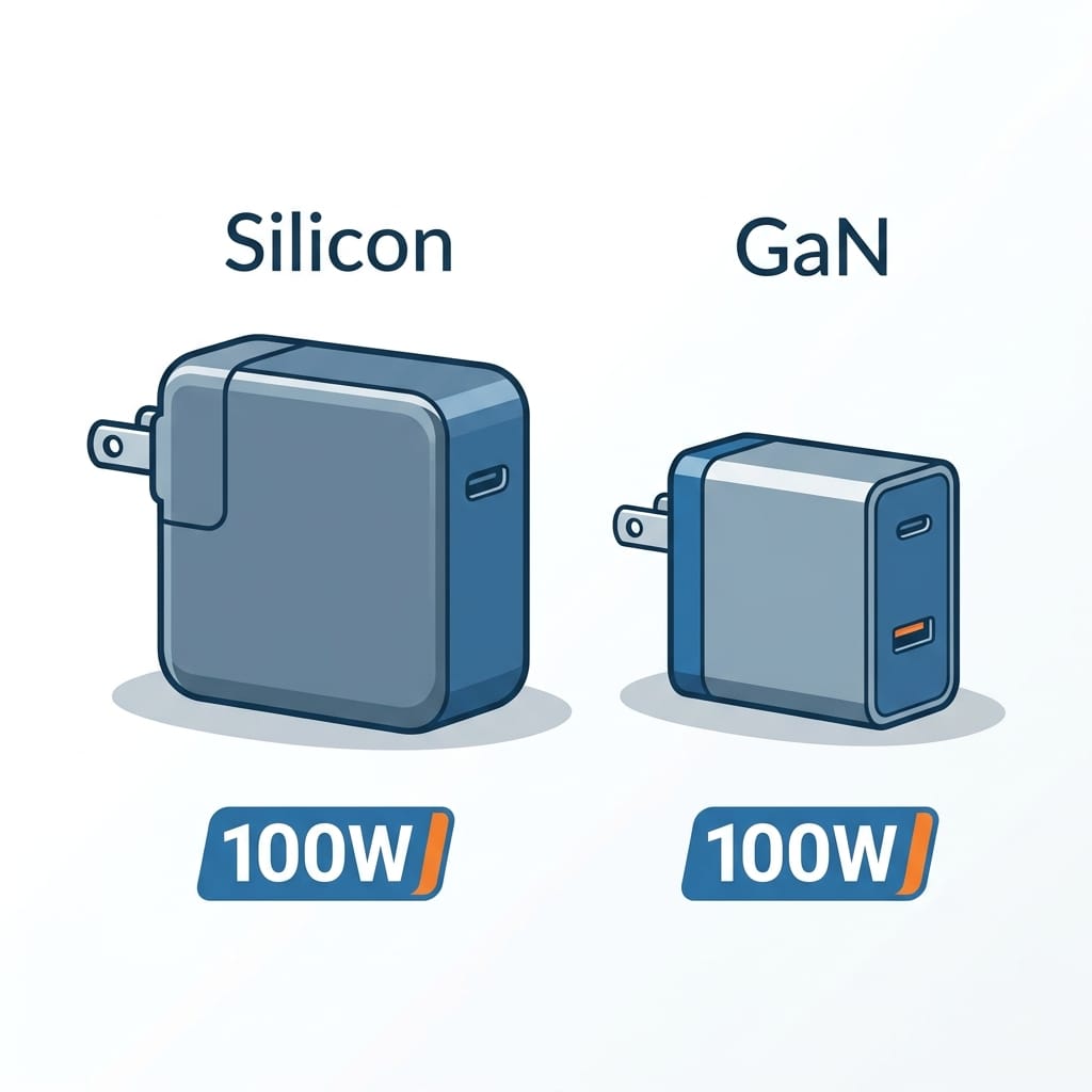 Size comparison of a bulky silicon charger and a compact GaN charger delivering equal 100W output