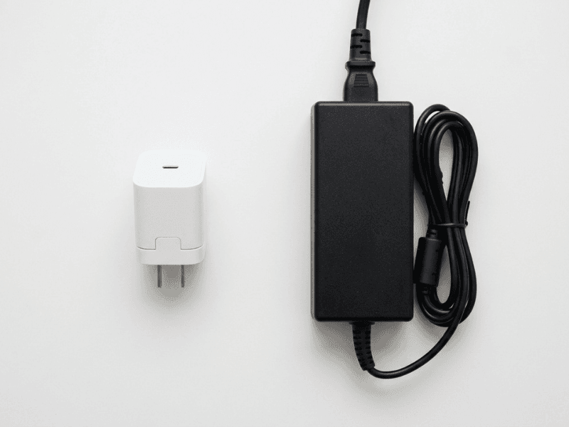 Small GaN charger next to a larger silicon adapter showing size difference