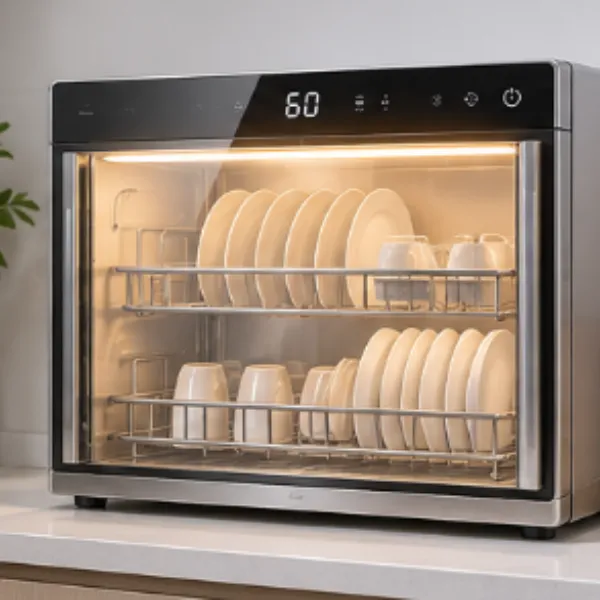 Smart kitchen drying and sanitizing cabinet for dishes, cups, and kitchenware.