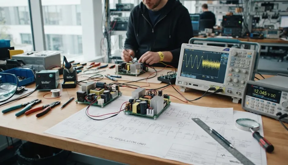 Technical ITE power supply selection guide for engineers featuring 410.4W open frame module on a professional R&D lab workbench.