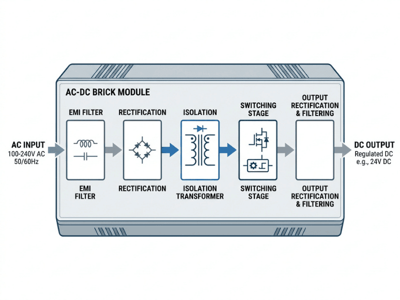 Technical architecture diagram of an AC DC brick power supply from AC input to regulated DC output Technical architecture diagram of an AC DC brick power supply from AC input to regulated DC output