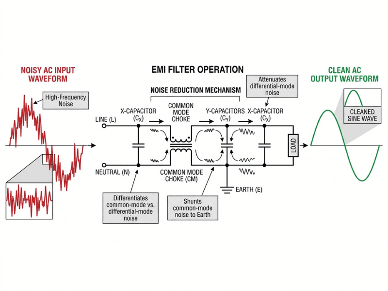 Technical diagram showing how an EMI filter attenuates electrical noise from AC mains, comparing input and output waveforms