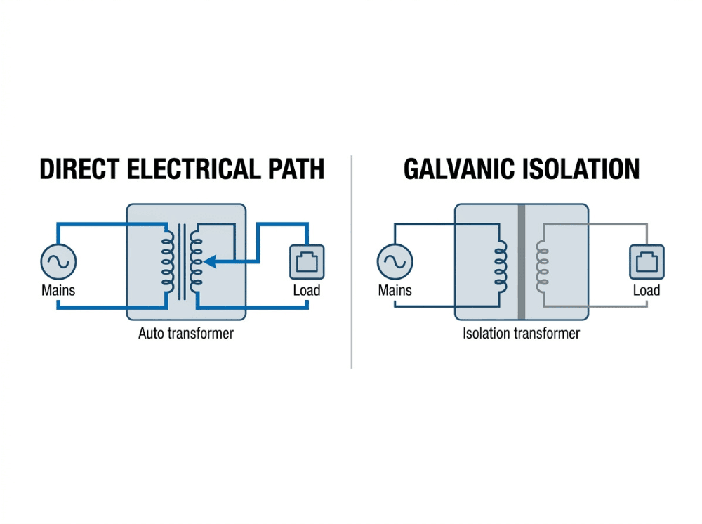 Technical diagram showing the direct electrical path in an auto transformer and galvanic isolation in an isolation transformer
