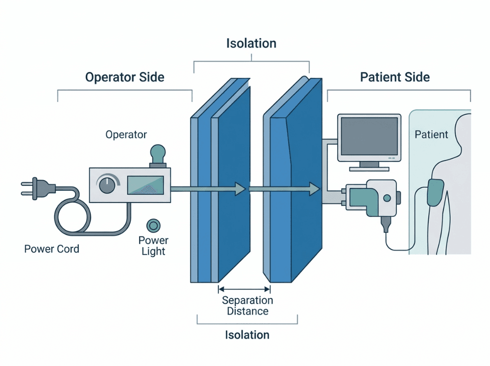 Technical illustration of medical isolation barriers and patient protection concepts under IEC 60601 Technical illustration of medical isolation barriers and patient protection concepts under IEC 60601