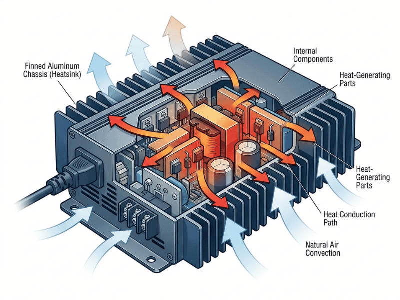 Technical illustration showing how a fanless power supply uses conduction cooling and natural convection Technical illustration showing how a fanless power supply uses conduction cooling and natural convection