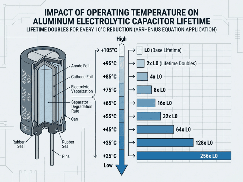 Technical infographic showing how lower operating temperature extends electrolytic capacitor lifetime