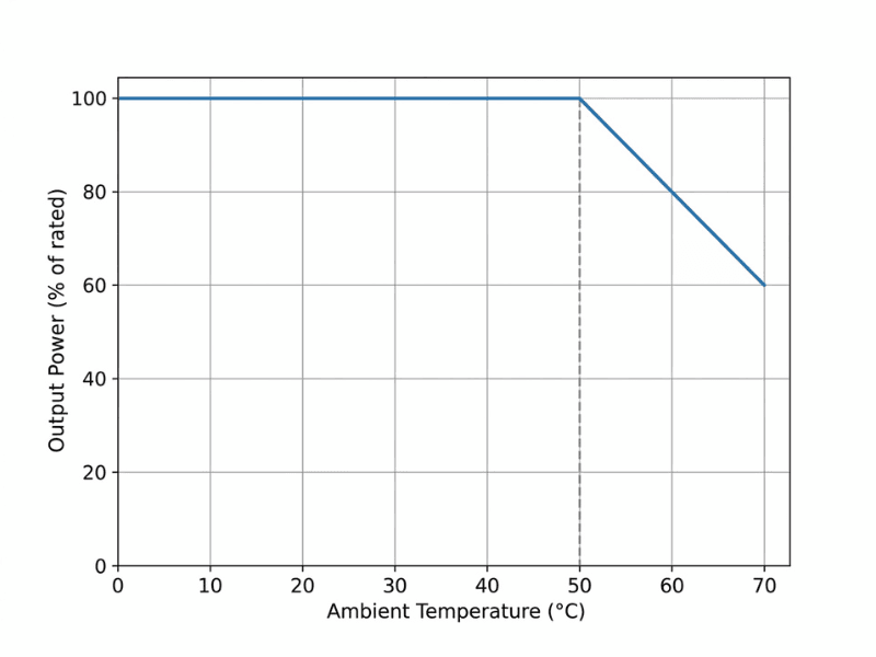 Thermal derating curve chart showing AC DC power supply output power declining as ambient temperature rises above its rated point. Thermal derating curve chart showing AC DC power supply output power declining as ambient temperature rises above its rated point.