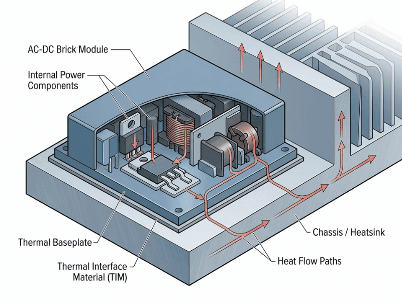 Thermal path diagram showing baseplate cooling in a fanless AC DC brick power supply system Thermal path diagram showing baseplate cooling in a fanless AC DC brick power supply system