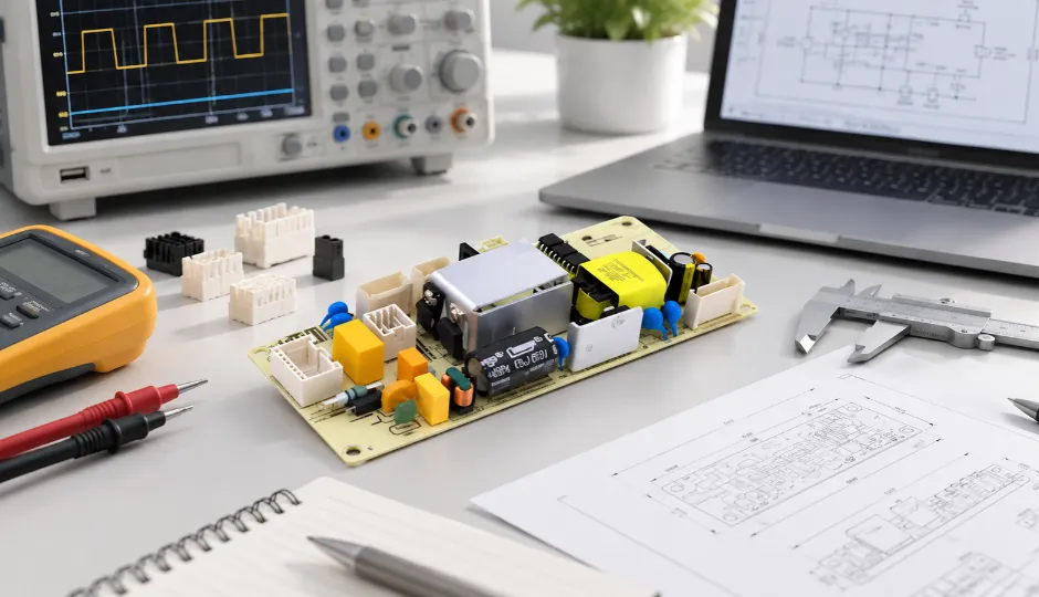 UES36A SPA1 open frame AC DC power supply on an engineering workbench for power supply selection and testing