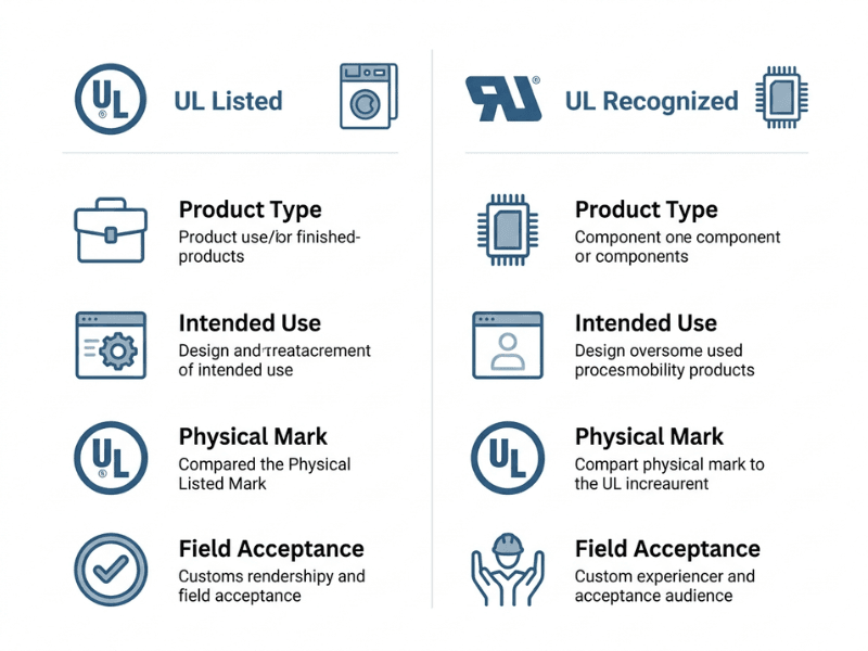 UL Listed vs UL Recognized certification comparison table UL Listed vs UL Recognized certification comparison table